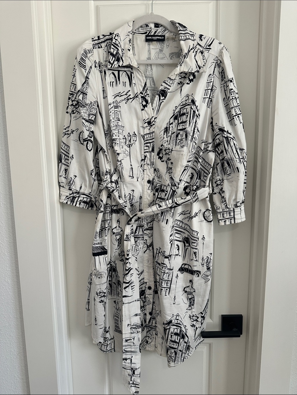 Karl Lagerfeld Paris Map Toile Printed Cotton Tie Waist Midi Shirt Dress 8